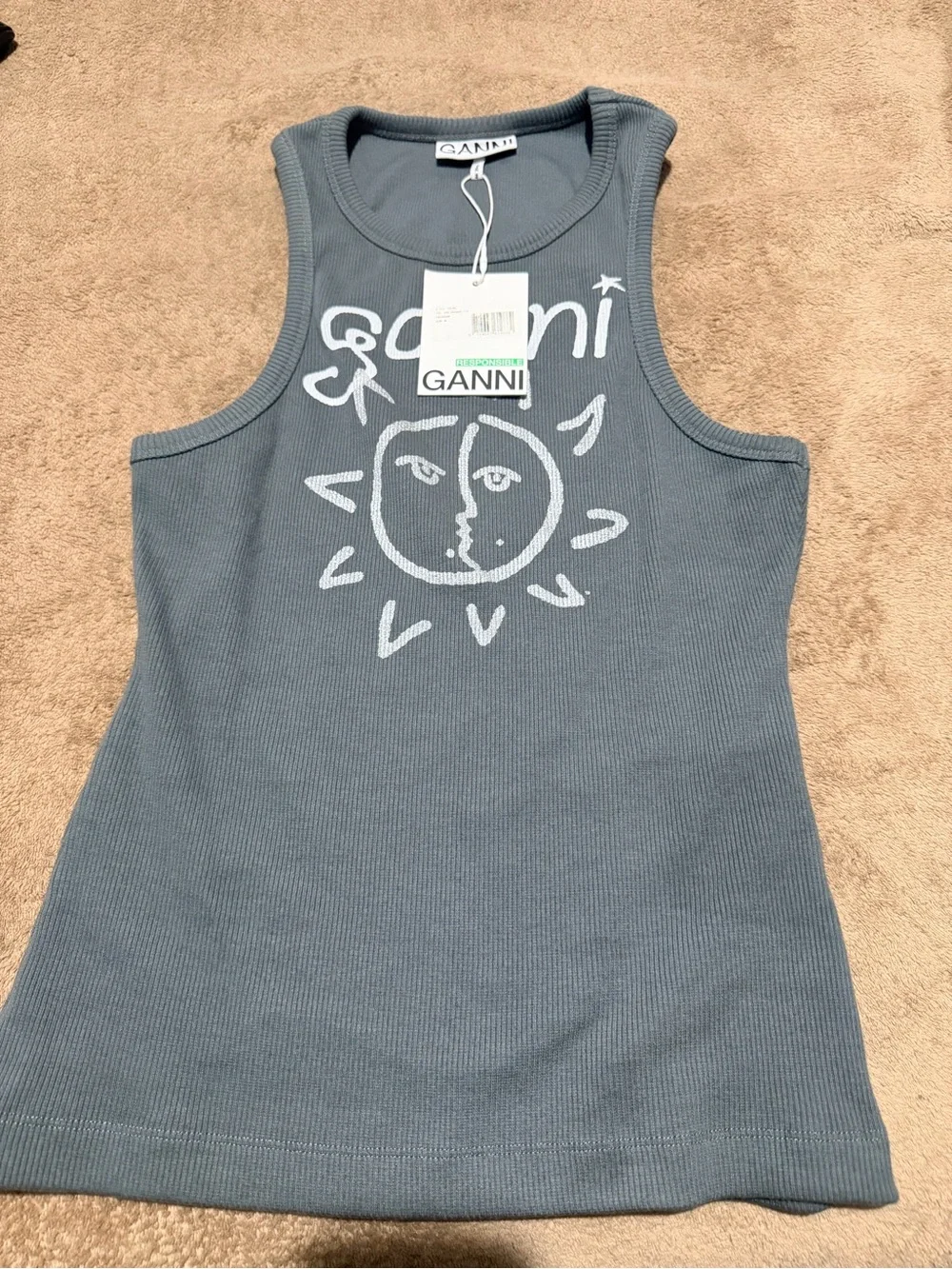 Ganni Women Gray Graphic Ribbed Tank Top